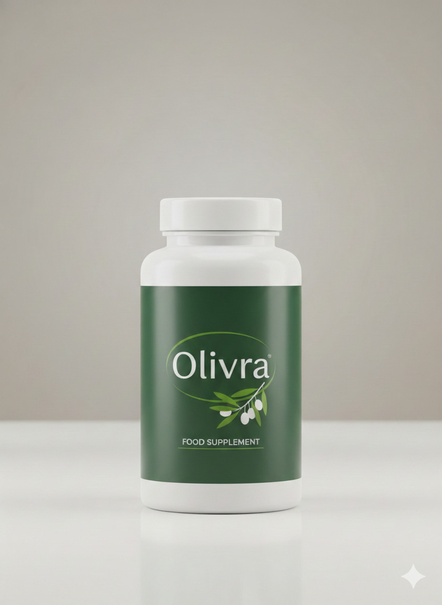 Olivra food supplement bottle on a neutral surface